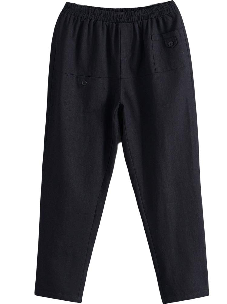 Minibee بنطلون ميني بي النسائي بقصة كاجوال من الكتان بخصر مرن أسود 2XL - Image 1